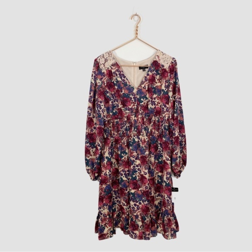 Tahari NWT 14 Dark‎ Moody Floral Smocked Waist Long Sleeve Dress Event